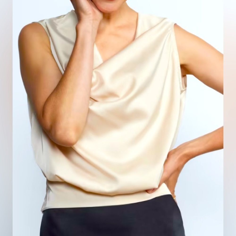 New York & Company Sleek and Elegant Cowl Neck Cream Sleeveless Top with Bow NWT